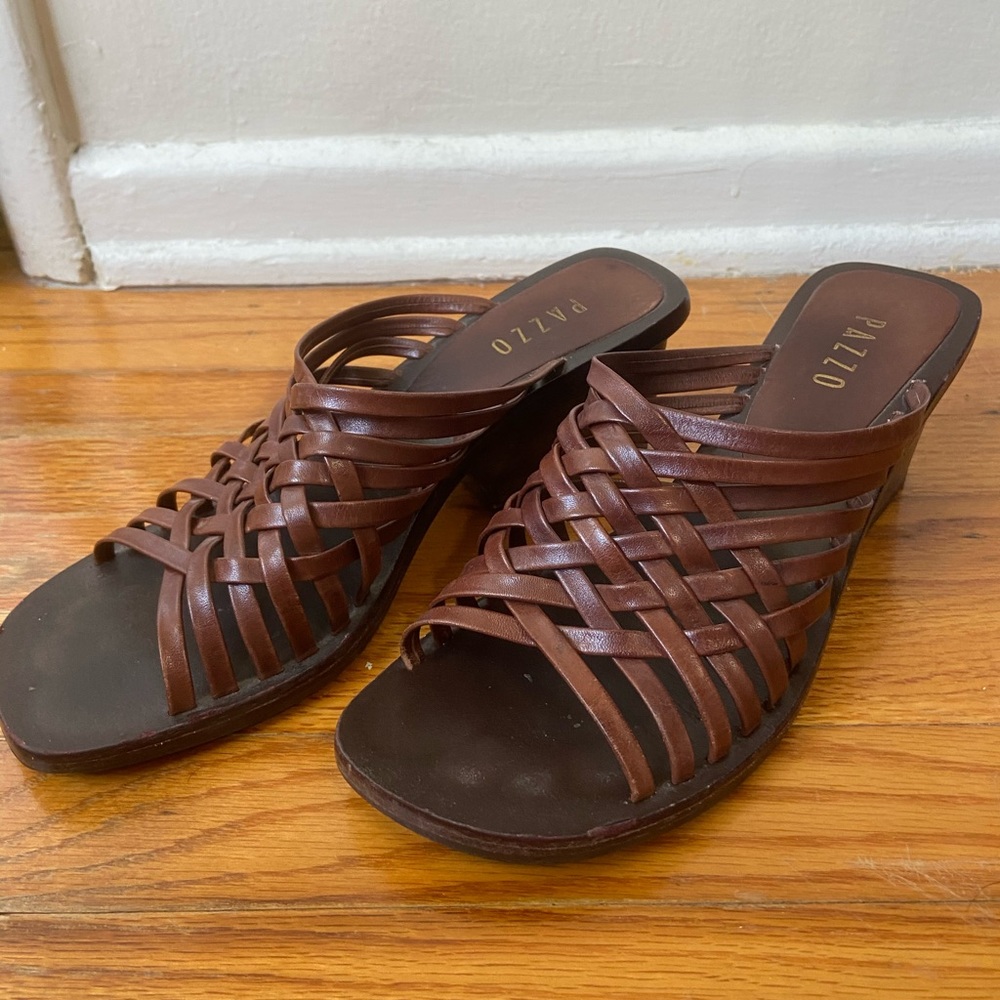 Pazzo Leather Brown Strappy Wedge Sandals